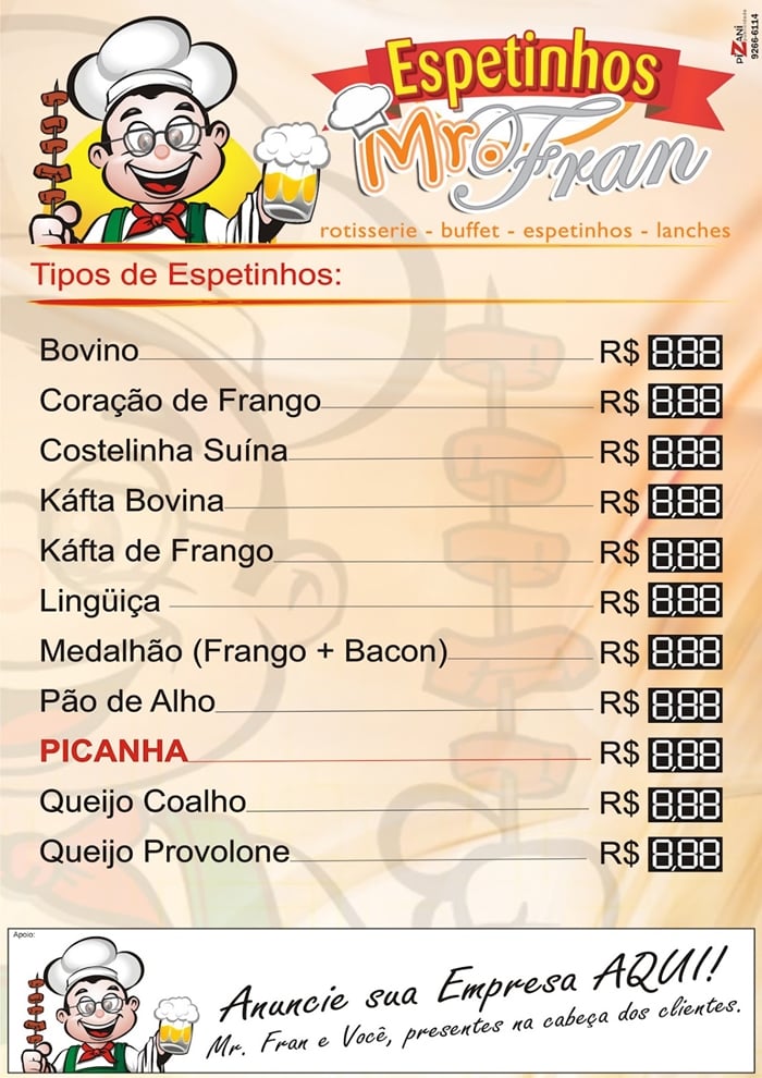 cardápio de espetinhos para vender