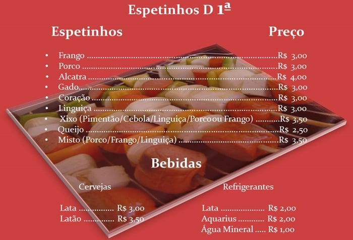 cardápio para espetinhos