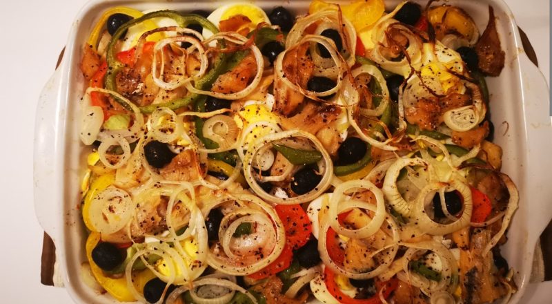 Bacalhau com legumes ao forno