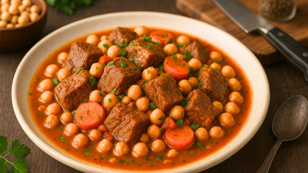 Carne com grão-de-bico