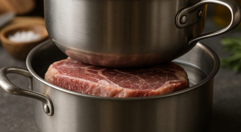 Descongelar carne com duas panelas