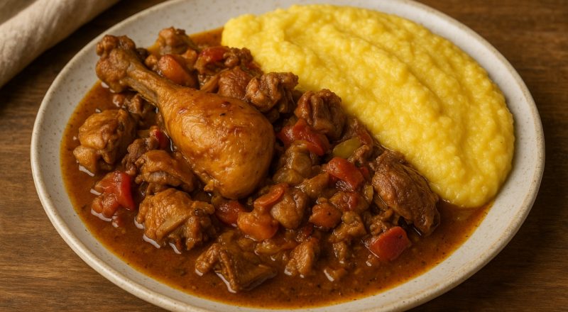 Galinha caipira com polenta
