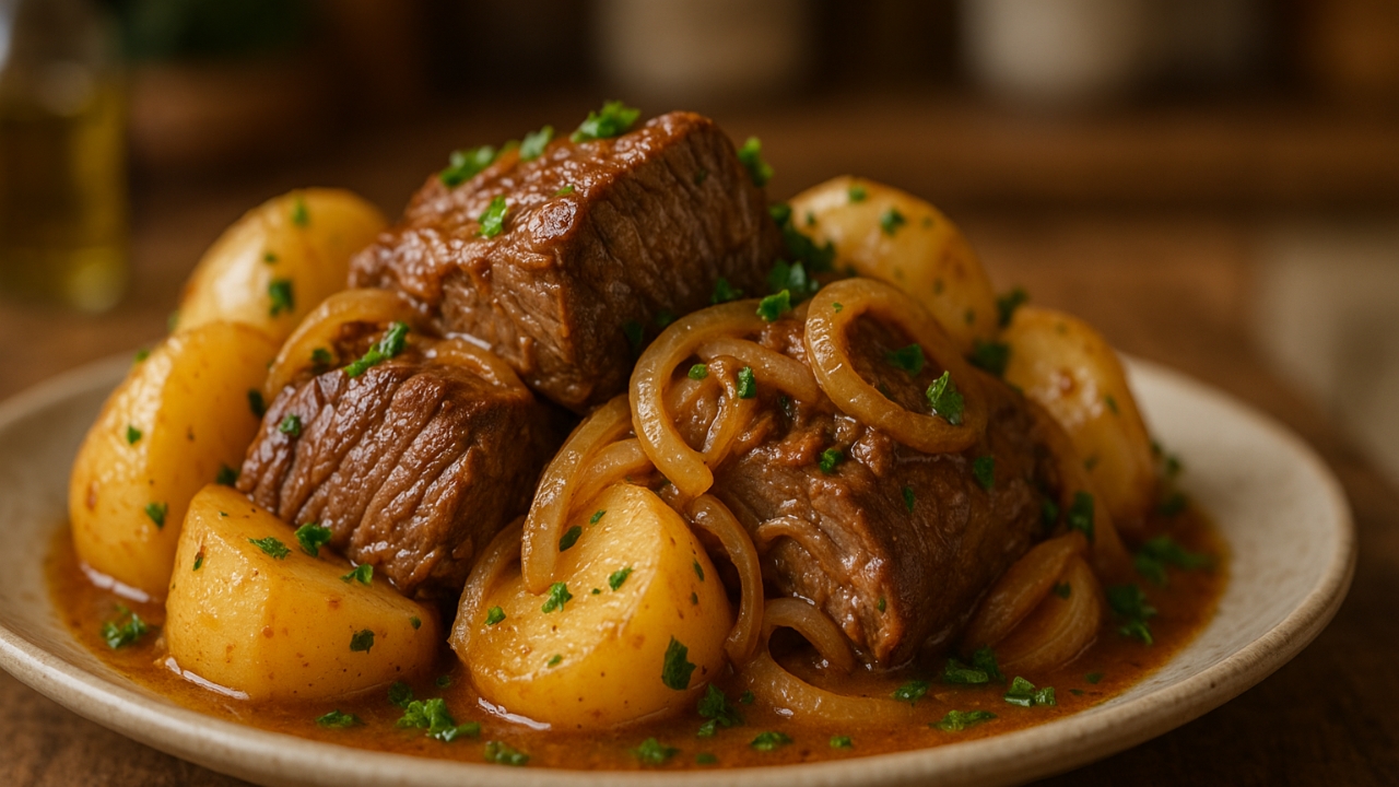 Carne assada com batata na panela de pressão