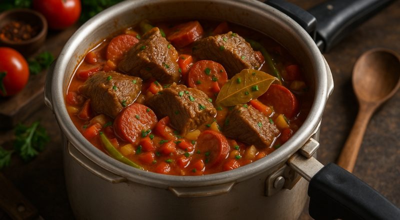 Carne com linguiça calabresa na panela de pressão