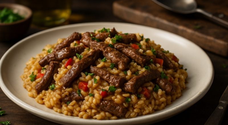 Risoto de carne em tiras