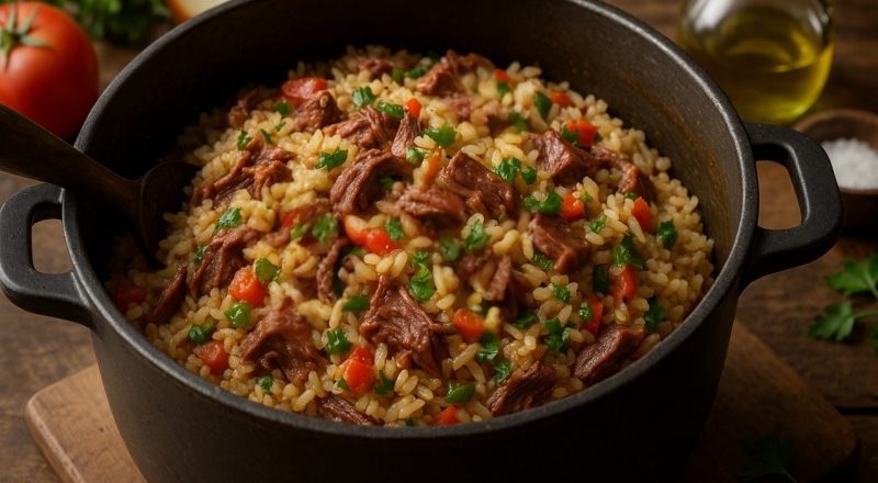 Arroz com charque na panela de pressão