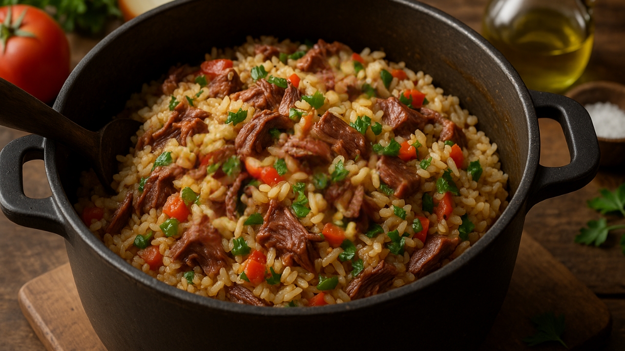 Arroz com charque na panela de pressão