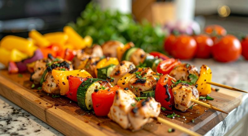 Espetinho de frango com legumes