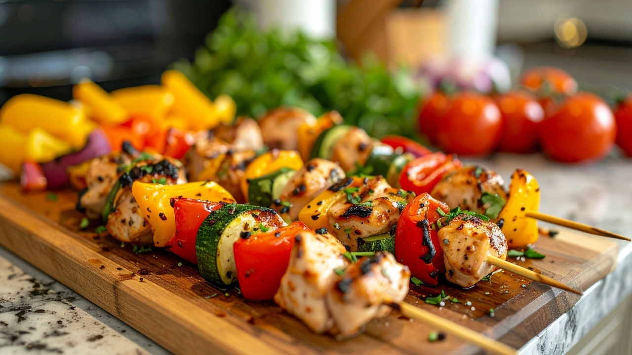 Espetinho de frango com legumes