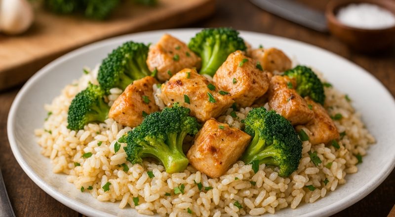 Arroz com brócolis e frango