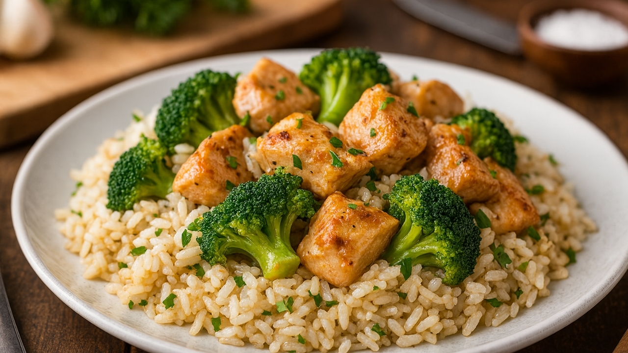 Arroz com brócolis e frango
