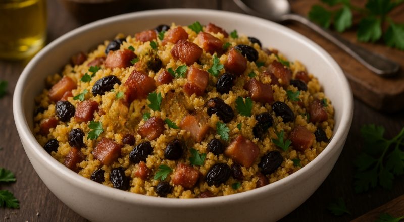 Receita de farofa de natal com uvas passas e bacon