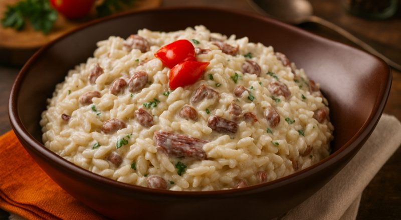 Arroz cremoso com carne de sol