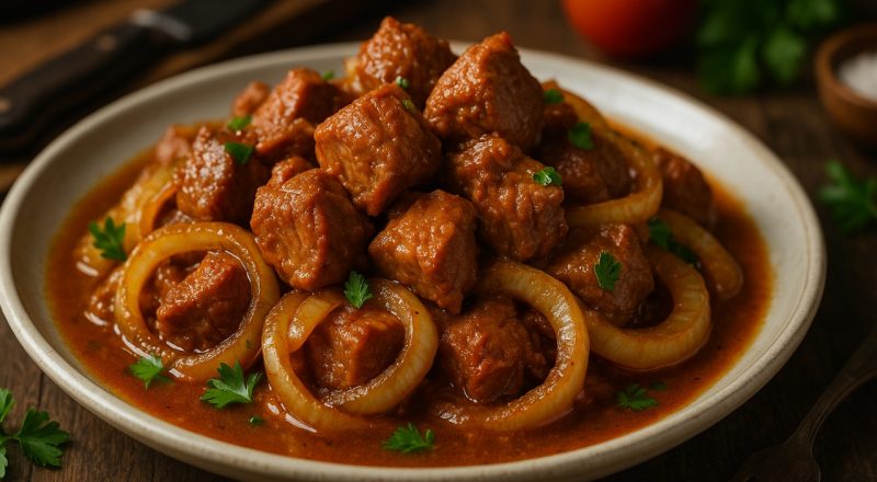 Carne de porco na pressão com cebola