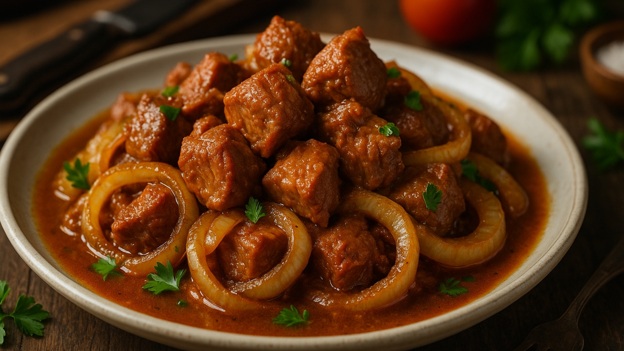 Carne de porco na pressão com cebola