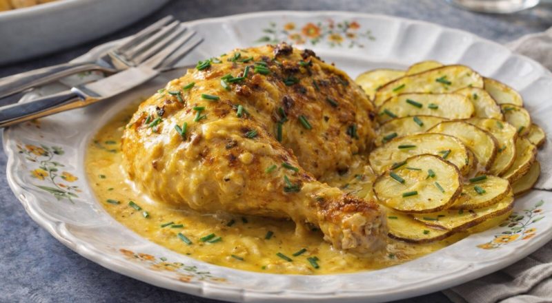 Frango com cerveja e creme de cebola