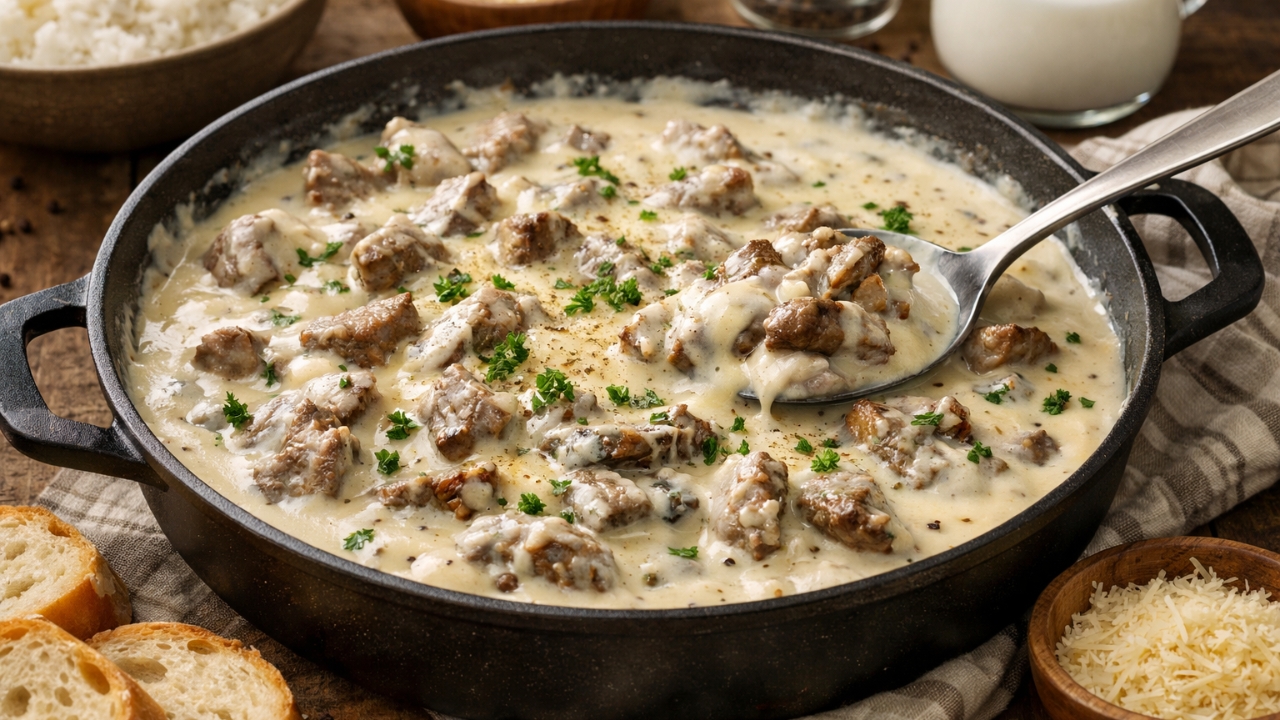 Carne ao molho branco com creme de leite