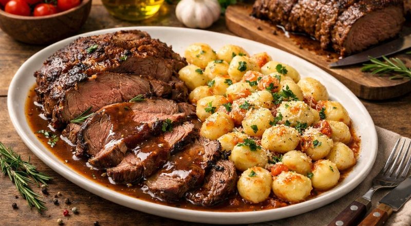 Carne assada com nhoque