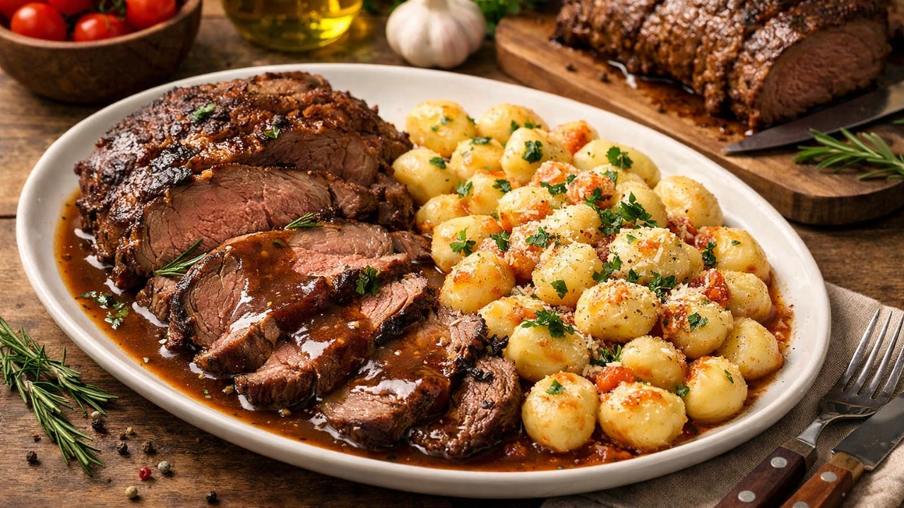 Carne assada com nhoque